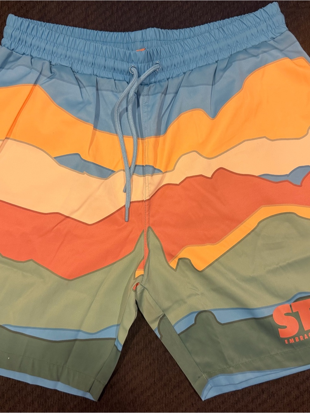Staple Men's XL Multicolor Wave-Pattern Shorts — Blue, Orange, Green